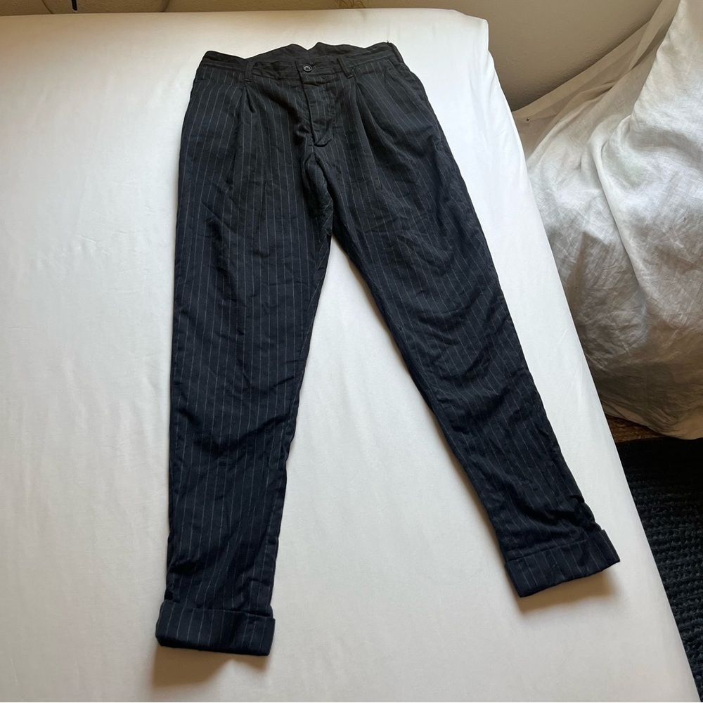 ENGINEERED GARMENTS dark navy pin striped high rise‎ slim leg cropped trousers